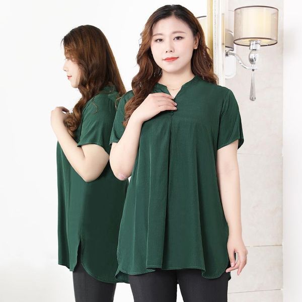 

women blouse elegant fashion stand collar shirt solid v neck vintage short sleeve summer female tunics xq508 women's blouses & shirts, White