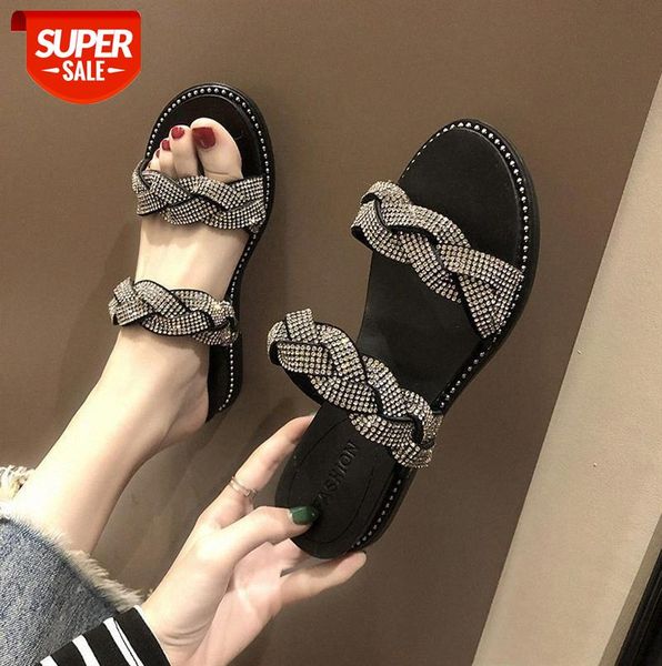 

flat-bottomed rhinestone slippers, fashion low-heeled sandals and slippers with rhinestones, women's platform flip-flops #l03o, Black