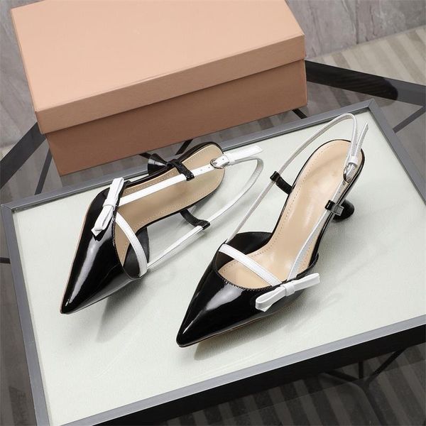 

bow women sandals patent leather zapatillas mujer luxury design shoes high heel sandalias pointed toe chaussure femme dress, Black