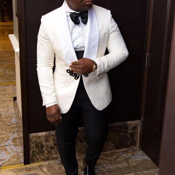 

men's suits & blazers white floral jacquard wedding tuxedo for groomsmen 3 piece slim fit african men suit jacket vest with black pants, White;black