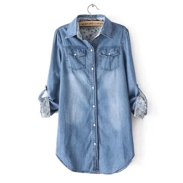 

arrival spring women loose casual turn-down collar pockets blouse single breasted long sleeve cotton denim shirts w196 210512, White