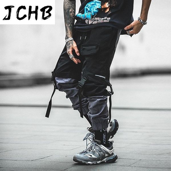 

men's pants cotton pachwork cargo 2021 streetwear hip hop ribbons joggers men japanese style black casual track fashions
