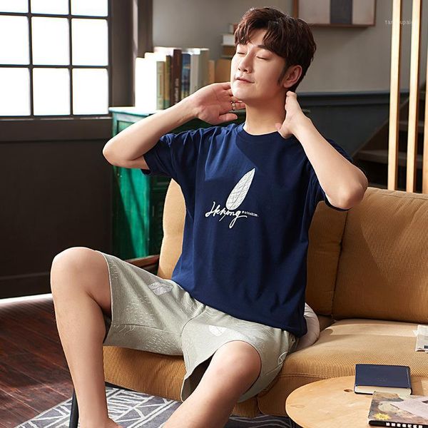 

men's sleepwear plus size 3xl men 2pcs short sleeve shirt&shorts pajamas set print leaves cotton pyjamas suit nightwear loose homewear, Black;brown