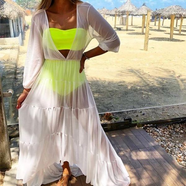 

summer beach thin mesh dress solid color long sleeve deep v-neck irregular hem see through fitting wild cover-ups women's swimwear, White;black