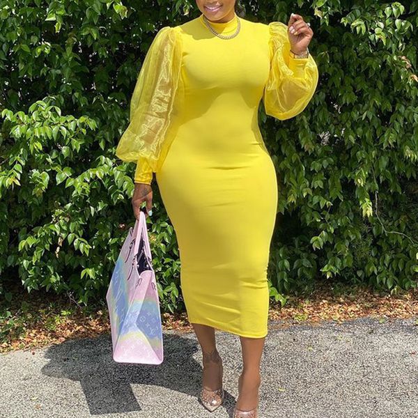 

Elegant Yellow Oversized Office Wome Dress Vintage Mesh Lantern Sleeve Bodycon Midi Robe Femme 5XL Plus Size Sexy Maxi Vestido