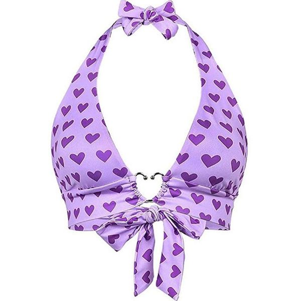 

women's swimwear y2k style girl women heart print backless halter bra corset deep v neck sleeveless crop tie up tank tees beac, White;black