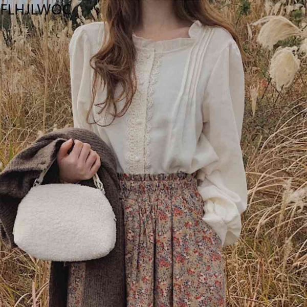 

women's knits & tees spring chic korea and blouses women preppy japan style design patchwork lace single breasted button shir, White