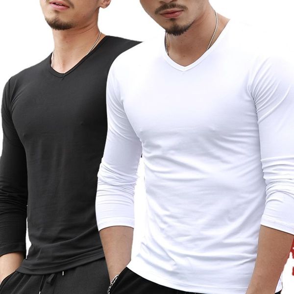 

men's t-shirts long sleeve solid color t-shirt v-neck autumn and winter casual top, White;black