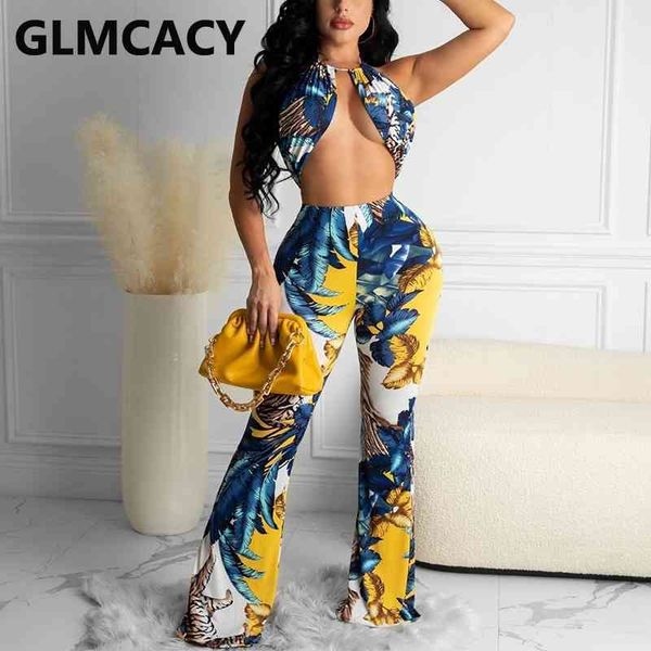 

two piece tropical printed suits halter bra & casual flare pants set 210702, White