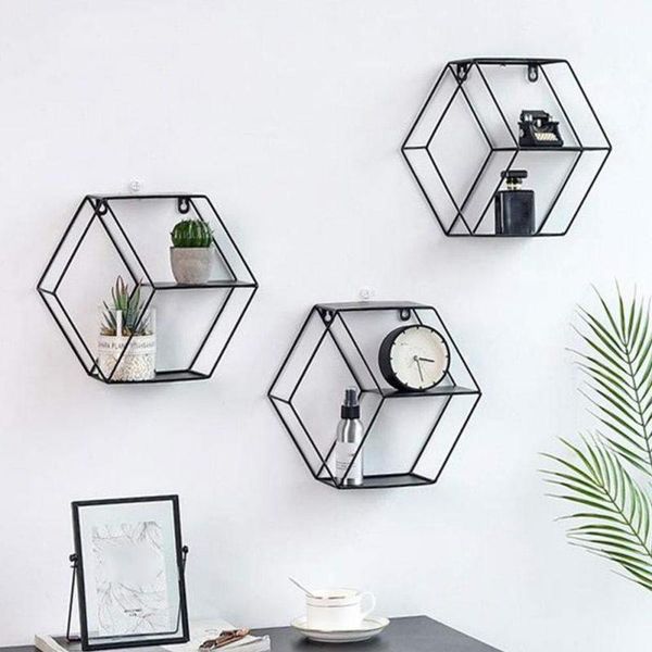 

wall mounted floating shelf geometry metal wire hexagon storage display shelves living room decorative . other home decor