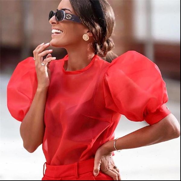 

fashion women blouses womens and elegant puff short sleeve see through shirt ladies sheer party club dames streetwear, White