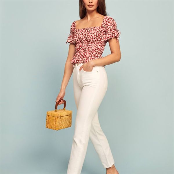 

summer women's shirt casual flower print bow decoration 210430, White