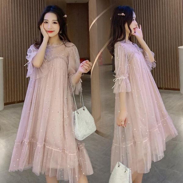 

maternity dresses fairy sequined gown pregnant women's loose dress women elegant mesh clothes pregnancy, White