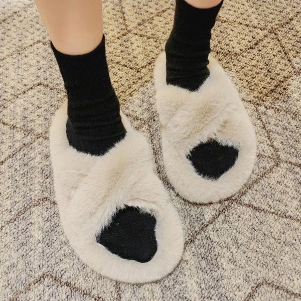 

size 35-51 nice winter women slippers indoor plush casual shoes woman for rome faux fur non-slip school girls concise loafer, Black