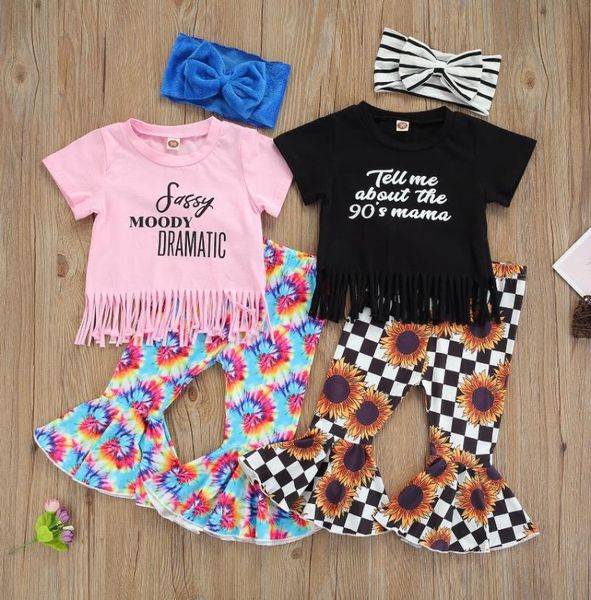 

clothing sets 3pcs kisds girls outfit short sleeve tassels hem letter t shirt floral printing flared trousers bow headwear set, White