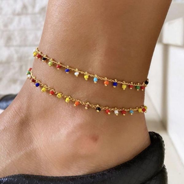 

anklets 2 pcs/set fashion colorful beads for women boho gold summer beach set jewelry accessories, Red;blue