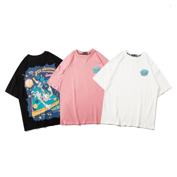 

fashion t shirt impas brand cat and mouse print short sleeve men's loose trend lovers casual cotton, White;black