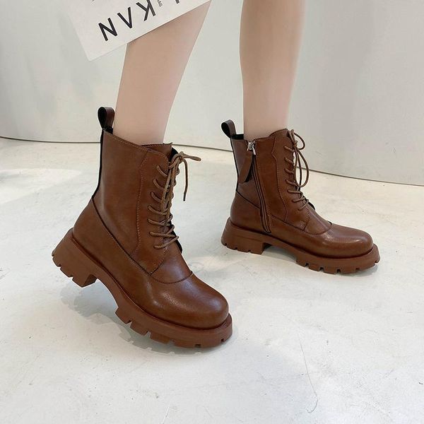 

boots platform women shoes thick sole round toe ankle cross tied chunky motorcycle femmes bottes, Black