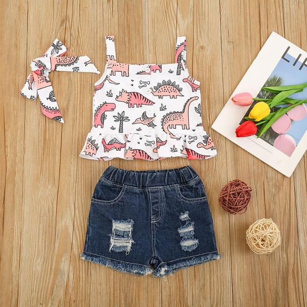 

clothing sets children girls summer sweet cotton suit printing + denim shorts (gift hair band) 140 yards, White