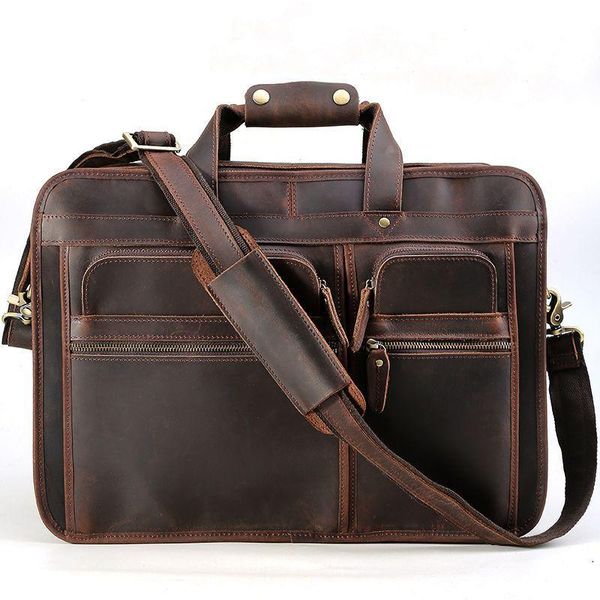 

leather business briefcase layer cowhide men's handbags 17-inch lapbag crazy horse shoulder briefcases