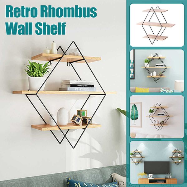 Retro Rhombus Wood Iron Craft Mensola a muro multifunzione Rack Storage Home Wall Art Display Rack di stoccaggio Decorazioni in stile industriale 210705