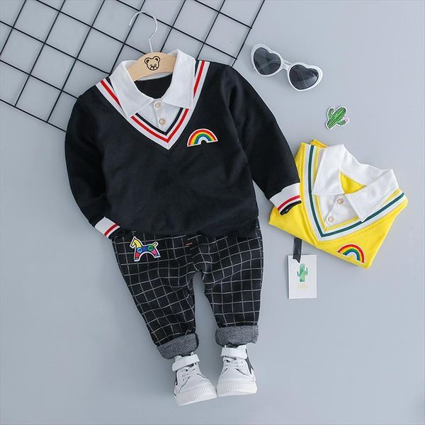

spring autumn toddler infant clothing sets baby boys clothes outfit children kids casual rainbow lapel t shirt pants, White