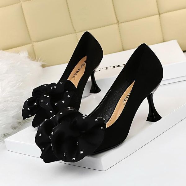 

dress shoes ladies suede crystal flowers women pumps fashion bowknot high heels woman pointed toe thin party, Black