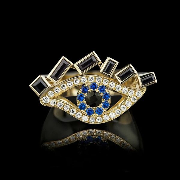 

wedding rings creative evil eye shape with micro blue zircon for women engagement party cocktail jewelry, Slivery;golden