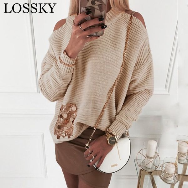 

autumn winter knitted cold shoulder womens and blouses casual sequin o neck long sleeve loose blouse shirt fall blusas 210520, White