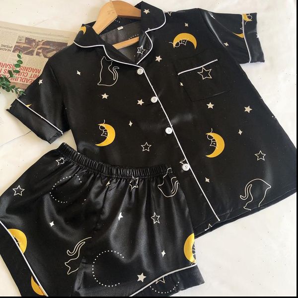 

silk pajamas pyjama satin femme womens sleepwears night star moon set shorts and female home suit sleepwear, Black;red