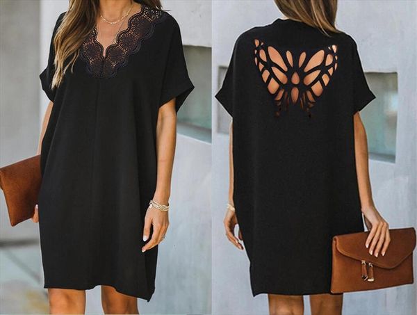 

solid color short sleeve womens dresses v neck loose office hollow out butterfly clothing black casual backless, Black;gray