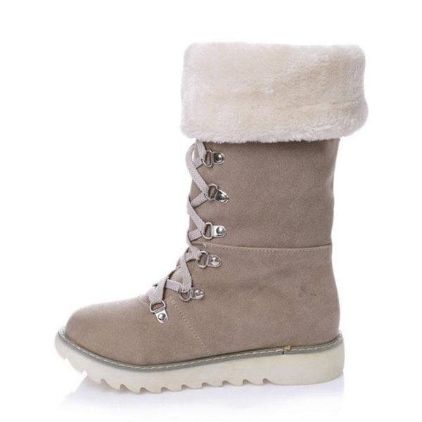 

boots vintage women knee snow lace up rivet thick fur shoes winter flats plush warm botas de mujer, Black