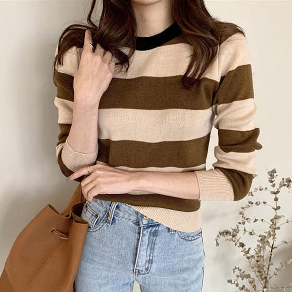 

women's sweaters autumn winter striped pullover pull femme contrast color o-neck woman sweater knitted slim all-match long sleeve mujer, White;black