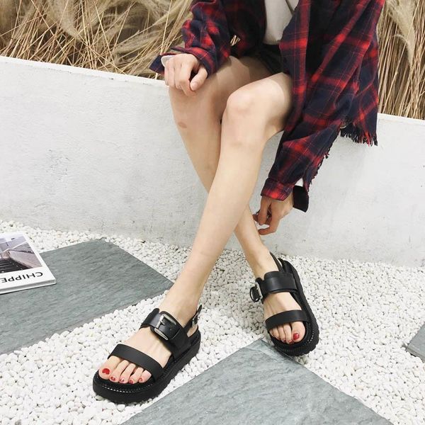 

fashion buckle women sandals 2021 flat heels retro punk shoes for summer beach sandale vintage office ymb147, Black