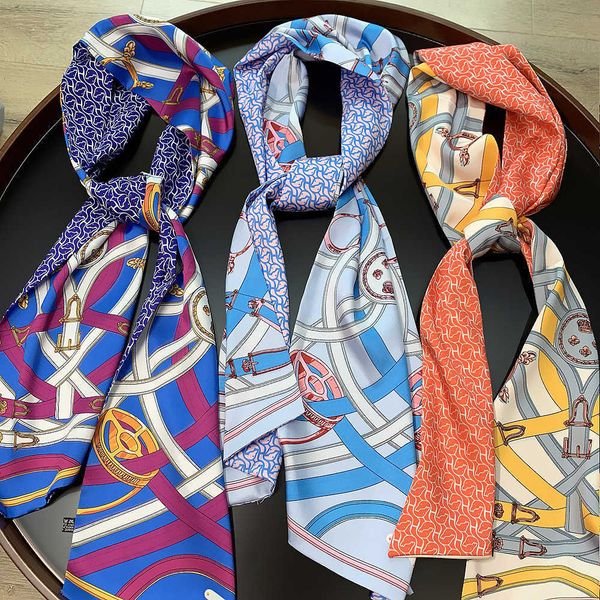 

new wind belt lock double layer printing twill satin women's long silk scarf 2rbg, Blue;gray