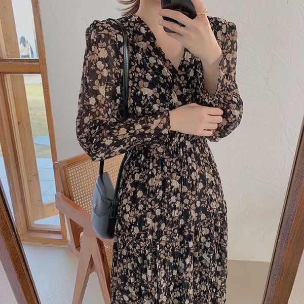 

casual dresses alien kitty 2021 stylish vintage all-match waist-controlled v-neck floral brief a-line loose long, Black;gray