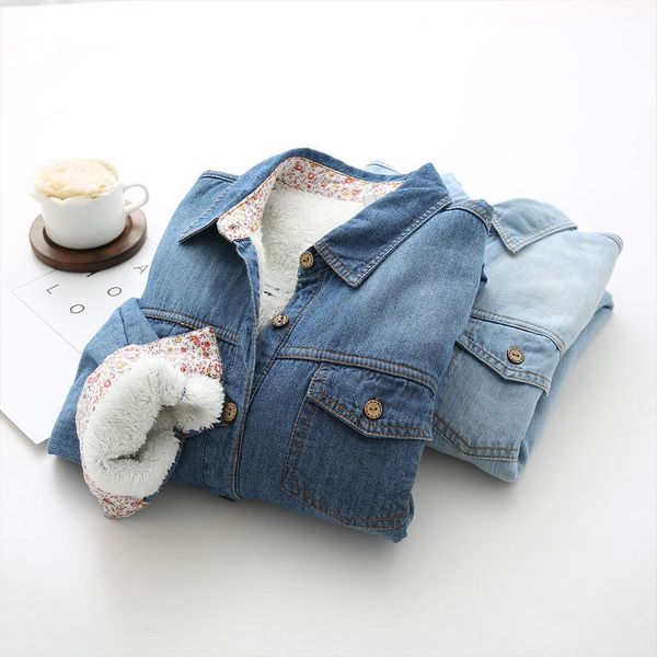 

Warm Winter Plus Velet Womens Blouses Denim Korean Classic Blue Thick Long Sleeve Blouse Female Turn Down Collar Basic Blusa, White