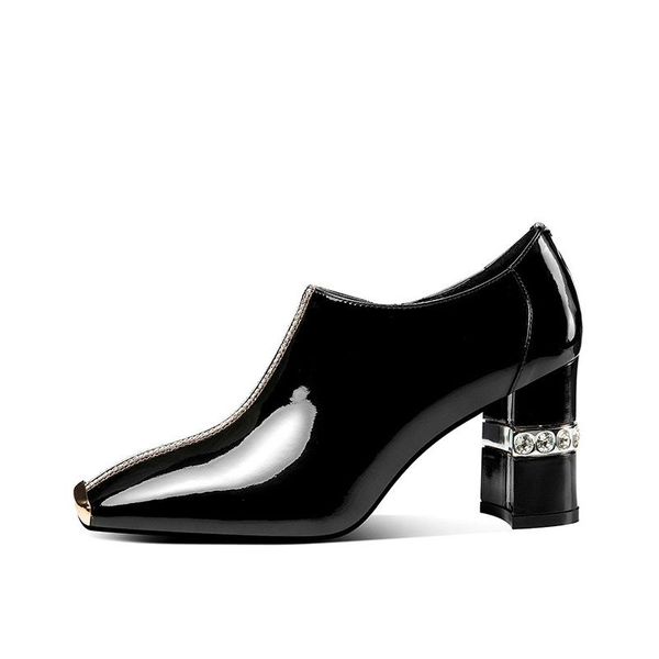 

dress shoes low for women thick heel spring and autumn deep mouth patent leather high square toe plus size women's, Black