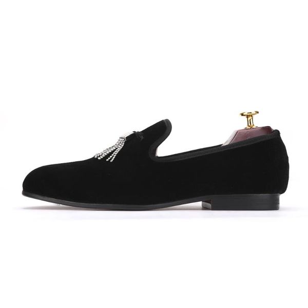 

dress shoes crystal tassel men velvet loafers smoking slipper wedding and party mens, Black