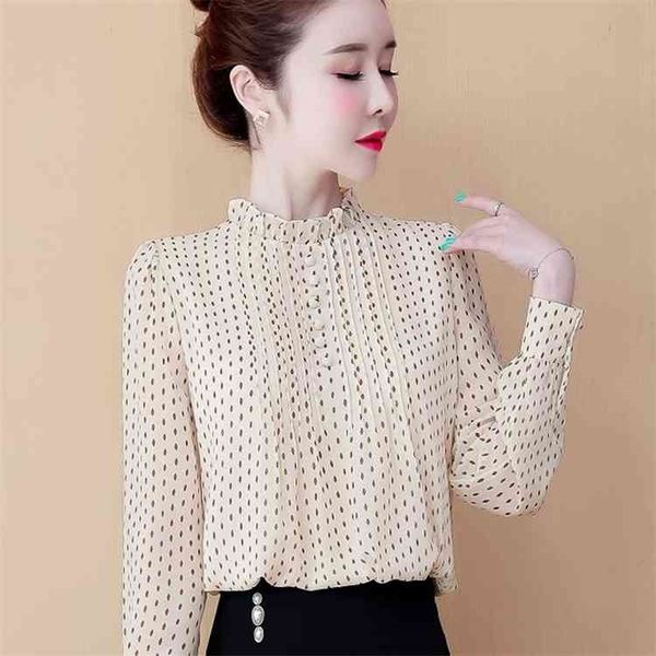 

women spring autumn style chiffon blouses shirts lady casual long sleeve o-neck polka dot printed chiffon blusas dd8879, White