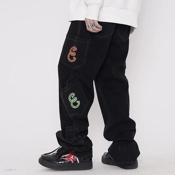 

retro pocket letter printed straight overalls men and women oversized jeans trousers harajuku street casual women's pants & capris, Black;white