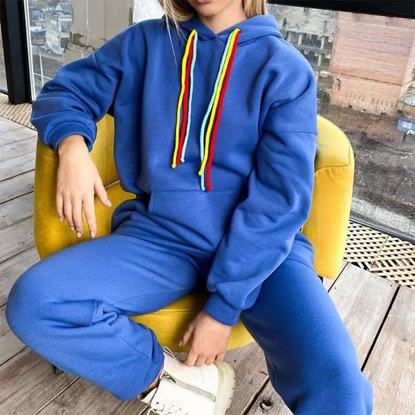 

women's two piece pants solid hoodie pullovers set 2021 autumn drawstring front pocket sweatshirt sportpant female casual sport suit, White