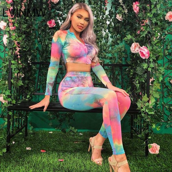 

two piece dress sexycasual multicolor print set o neck long sleeve zipper crop high waist skinny pants female streetwear 2021, White