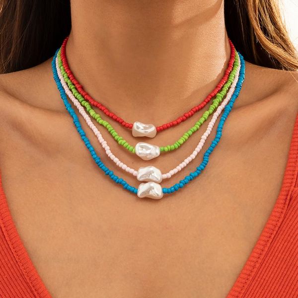 

chokers shixin bohemia colorful small beads choker necklace for women fashion pearl 2021 short collar jewelry on neck, Golden;silver