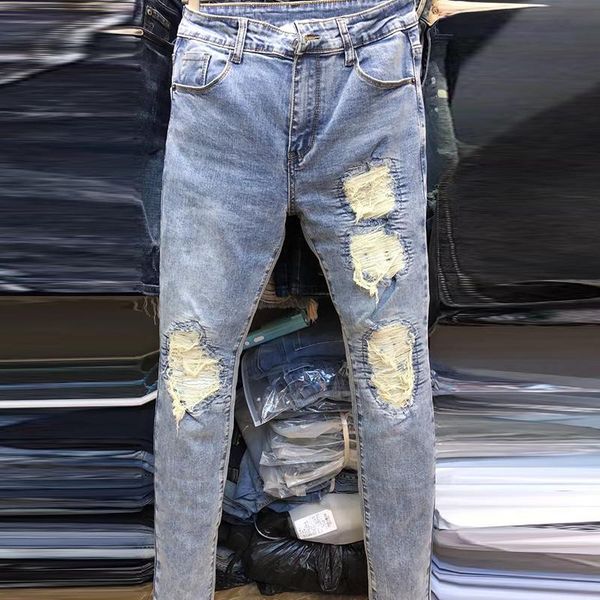 

men's jeans ight blue flex thoughout jean ripped pleat streetwear slim skinny stretch denim tapered pant men motorcycle classic trouser