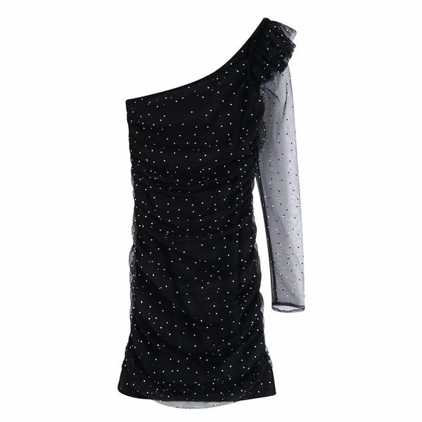 

casual dresses sweet women sequined mesh dress 2021 fashion ladies slash neck mini elegant female chic ruffles draped vestidos, Black;gray