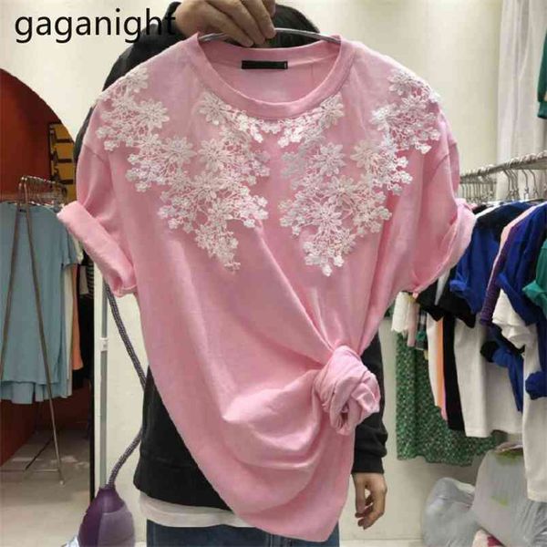 

sweet women lace patchwork solid tshirt short sleeve o neck fashion lady korean t shirts outwear drop 210601, White