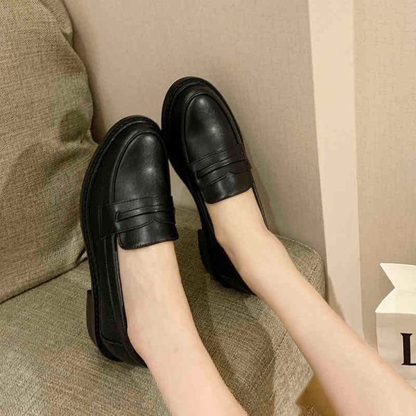 

sandals flat single female autumn wild round shallow mouth thick with le fu small leather shoes women's tide, Black