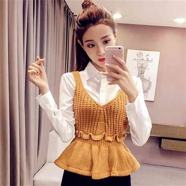 

lattice korean solid color v-neck sleeveles knitted sweater vest female slim autumn winter lotus leaf hollow women pullover 210427, White;black