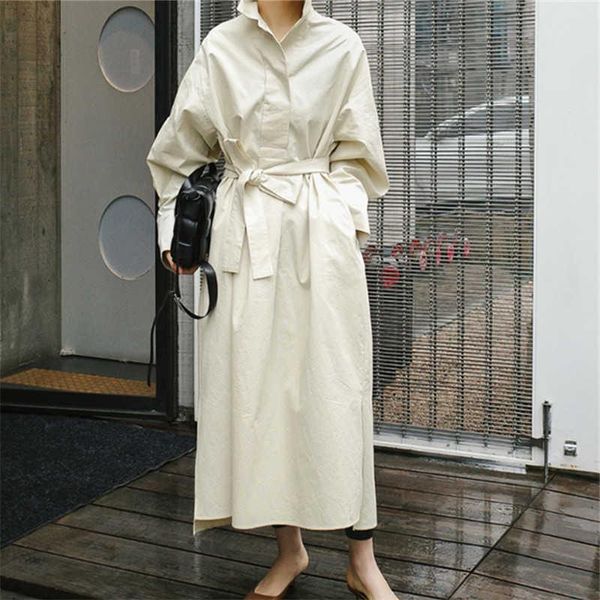 

casual dresses [ewq] korea chic autumn trend women solid lapel tie wide loose fashion pocket long-sleeved shirt dress 2021 16e1952, Black;gray